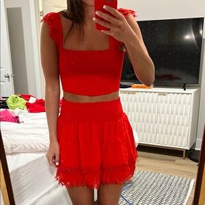 Red Smocked Crop Top and Skirt Set